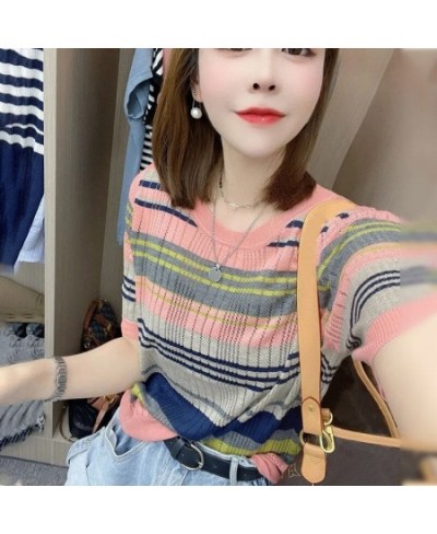 Women's T Shirts Short Sleeve Tee Striped Clothes High Quality Top Cotton Cute Youth Aesthetic Golf Trend New V Polo Neck Shi...