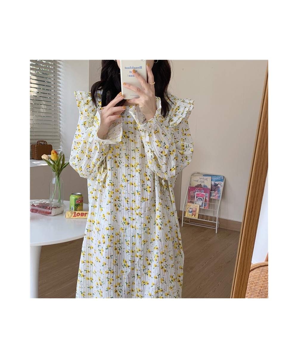 Autumn Nightdress Women's Sweet Flower Print Long Sleeve Casual Pajamas Square Neck Ruffles Elegant Cute Homewear for Girl D8...