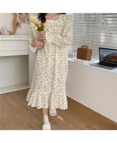 Autumn Nightdress Women's Sweet Flower Print Long Sleeve Casual Pajamas Square Neck Ruffles Elegant Cute Homewear for Girl D8...