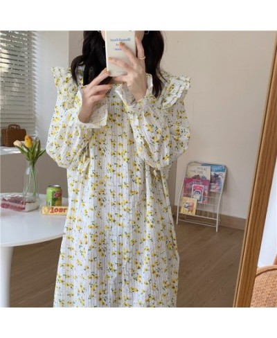 Autumn Nightdress Women's Sweet Flower Print Long Sleeve Casual Pajamas Square Neck Ruffles Elegant Cute Homewear for Girl D8...