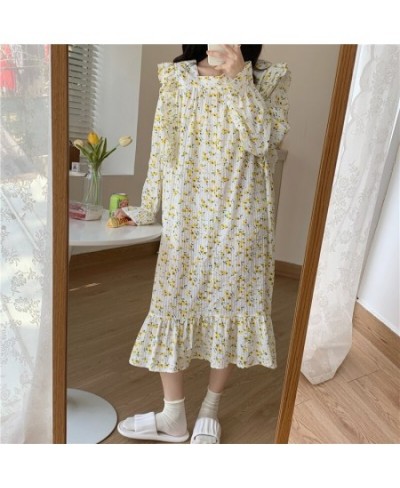 Autumn Nightdress Women's Sweet Flower Print Long Sleeve Casual Pajamas Square Neck Ruffles Elegant Cute Homewear for Girl D8...