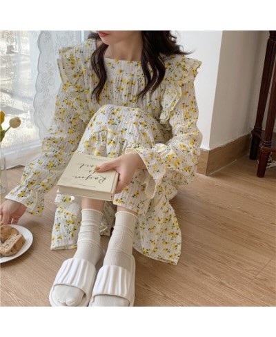 Autumn Nightdress Women's Sweet Flower Print Long Sleeve Casual Pajamas Square Neck Ruffles Elegant Cute Homewear for Girl D8...