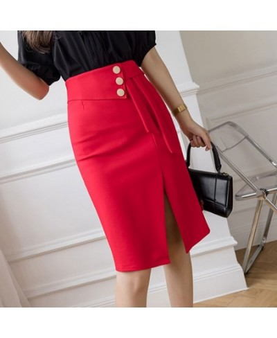 New Pencil Skirts Women Korean Fashion Clothing Elegant High Wiast Bodycon Sexy Office Button Slit Skirts Black Red $39.66 - ...