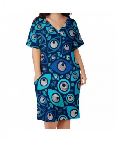 Greek Evil Eye Dress Plus Size Blues and Silver Street Wear Casual Dress Woman Spring V Neck Retro Dresses Gift Idea $41.44 -...