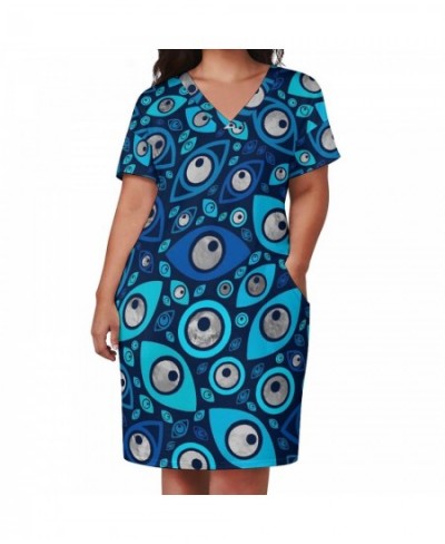 Greek Evil Eye Dress Plus Size Blues and Silver Street Wear Casual Dress Woman Spring V Neck Retro Dresses Gift Idea $41.44 -...