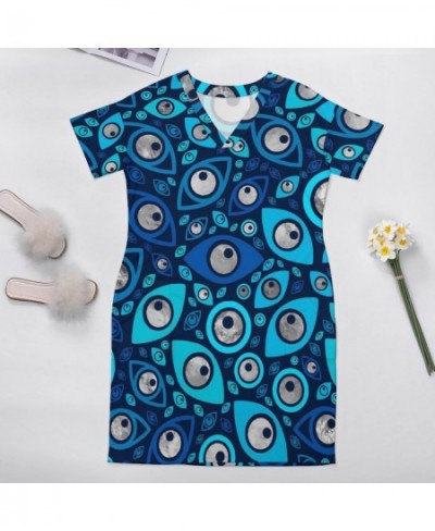 Greek Evil Eye Dress Plus Size Blues and Silver Street Wear Casual Dress Woman Spring V Neck Retro Dresses Gift Idea $41.44 -...