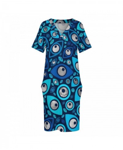 Greek Evil Eye Dress Plus Size Blues and Silver Street Wear Casual Dress Woman Spring V Neck Retro Dresses Gift Idea $41.44 -...