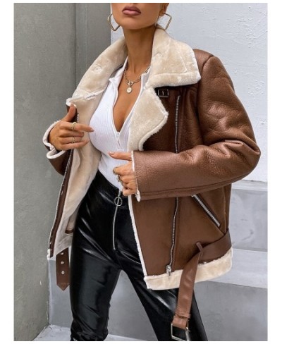 Autumn Winter Women Streetwear Faux Soft Leather Jacket with Belt Moto Biker Fur Sheepskin Outwear Casaco Feminino $111.62 - ...