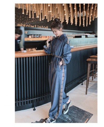 Rompers Womens Jumpsuit Long Sleeve Lapel Shirt Style One Piece Pants Female Splice Plaid Streetwear Hip Hop Loose Harem $92....