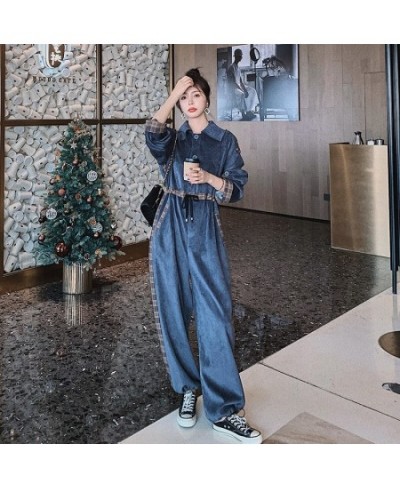 Rompers Womens Jumpsuit Long Sleeve Lapel Shirt Style One Piece Pants Female Splice Plaid Streetwear Hip Hop Loose Harem $92....