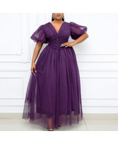 Summer Women Long A-Line Dress Sweet Dress Plus Size Mesh V Neck Women Solid Color Large Hem Waist Tied Formal Dress for $54....