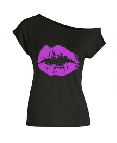 2022 Summer Sexy Women's Lips Print Causal Off The Shoulder Loose T-Shirt Tops $22.82 - Women Tops