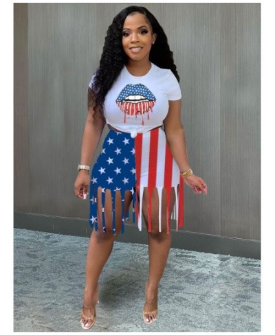 Summer American Flag Print 2 Two Piece Set Women Short Sleeve Round Neck Skinny Top+tassels Biker Short Elegant Streetwear Se...