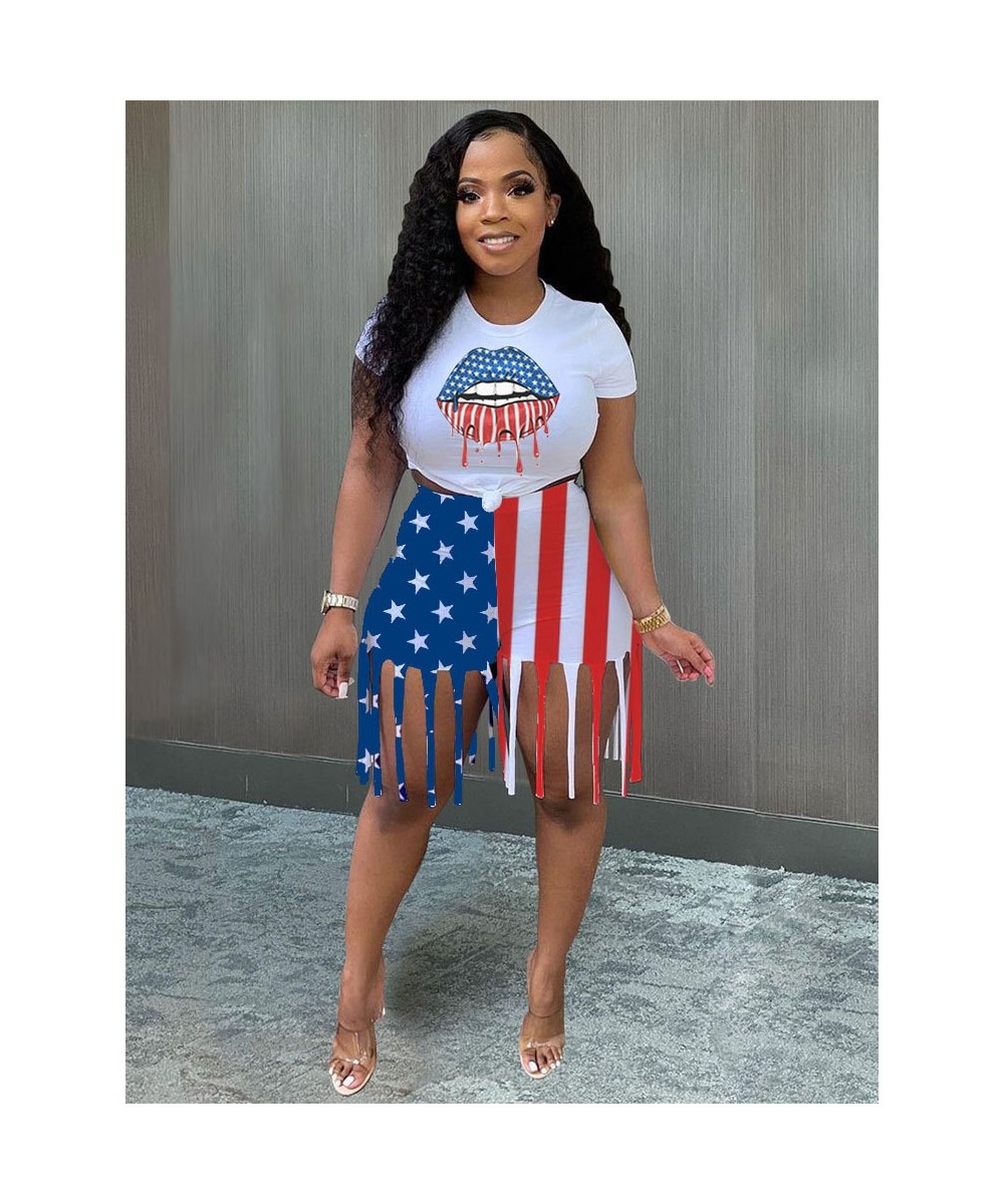 Summer American Flag Print 2 Two Piece Set Women Short Sleeve Round Neck Skinny Top+tassels Biker Short Elegant Streetwear Se...