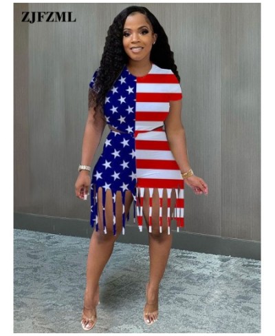 Summer American Flag Print 2 Two Piece Set Women Short Sleeve Round Neck Skinny Top+tassels Biker Short Elegant Streetwear Se...