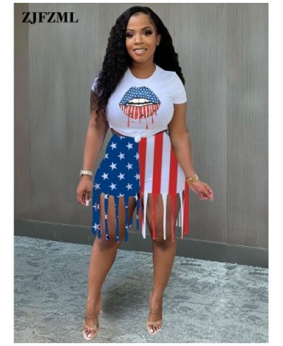 Summer American Flag Print 2 Two Piece Set Women Short Sleeve Round Neck Skinny Top+tassels Biker Short Elegant Streetwear Se...