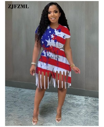 Summer American Flag Print 2 Two Piece Set Women Short Sleeve Round Neck Skinny Top+tassels Biker Short Elegant Streetwear Se...