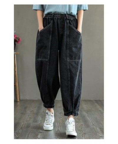 Fashion Women Denim Harem Pants Vintage Elastic Waist Loose Ankle-length Pants Big Pocket Washed Jeans Spring Casual Trouser ...