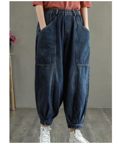 Fashion Women Denim Harem Pants Vintage Elastic Waist Loose Ankle-length Pants Big Pocket Washed Jeans Spring Casual Trouser ...