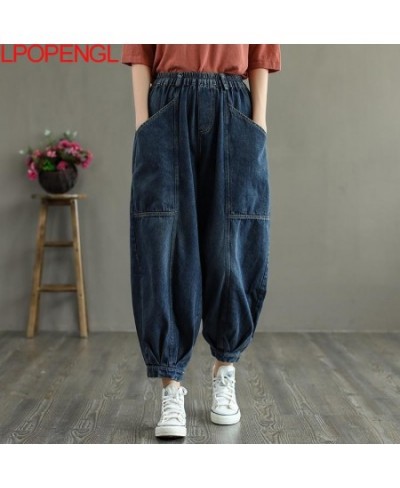 Fashion Women Denim Harem Pants Vintage Elastic Waist Loose Ankle-length Pants Big Pocket Washed Jeans Spring Casual Trouser ...