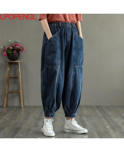 Fashion Women Denim Harem Pants Vintage Elastic Waist Loose Ankle-length Pants Big Pocket Washed Jeans Spring Casual Trouser ...