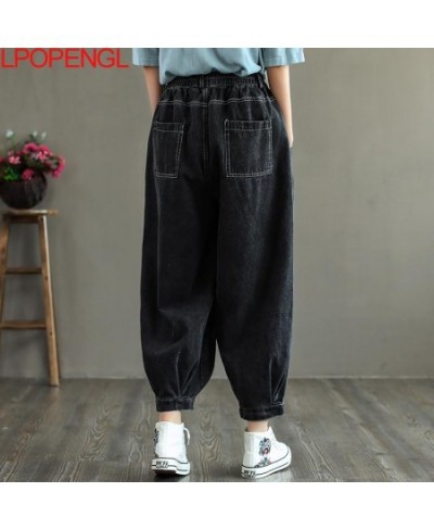 Fashion Women Denim Harem Pants Vintage Elastic Waist Loose Ankle-length Pants Big Pocket Washed Jeans Spring Casual Trouser ...