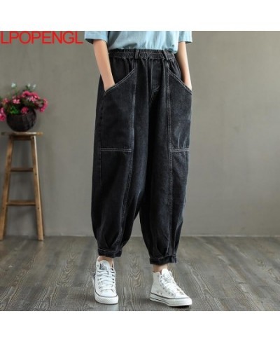 Fashion Women Denim Harem Pants Vintage Elastic Waist Loose Ankle-length Pants Big Pocket Washed Jeans Spring Casual Trouser ...