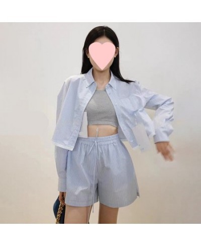 2023 new striped long-sleeved shirt shorts suit women's short shirt $107.31 - Suits & Sets