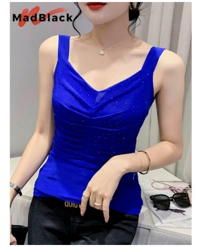 Summer European Style Mesh Vest Chic Sexy V-Neck Draped Shiny Women Tops Sleeveless Casual All Match New 2022 T25910L $31.43 ...