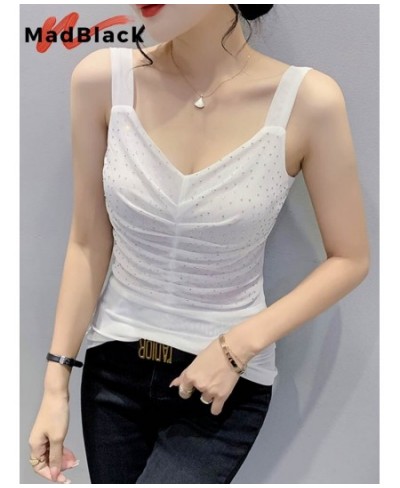 Summer European Style Mesh Vest Chic Sexy V-Neck Draped Shiny Women Tops Sleeveless Casual All Match New 2022 T25910L $31.43 ...