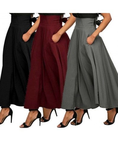 High Waist Pleated Long Skirts Women Vintage Bowknot Back Flared Full Skirt Swing Satin Bottoms Black Gray Red $30.04 - Skirts