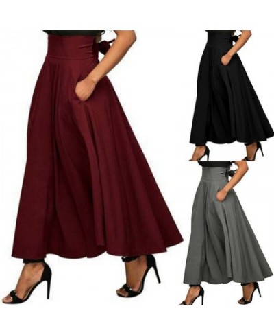 High Waist Pleated Long Skirts Women Vintage Bowknot Back Flared Full Skirt Swing Satin Bottoms Black Gray Red $30.04 - Skirts