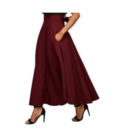 High Waist Pleated Long Skirts Women Vintage Bowknot Back Flared Full Skirt Swing Satin Bottoms Black Gray Red $30.04 - Skirts