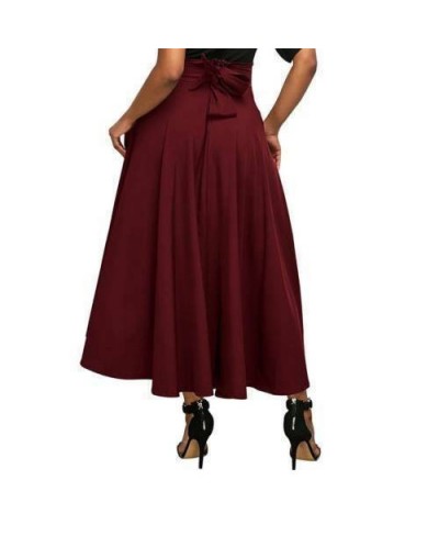 High Waist Pleated Long Skirts Women Vintage Bowknot Back Flared Full Skirt Swing Satin Bottoms Black Gray Red $30.04 - Skirts