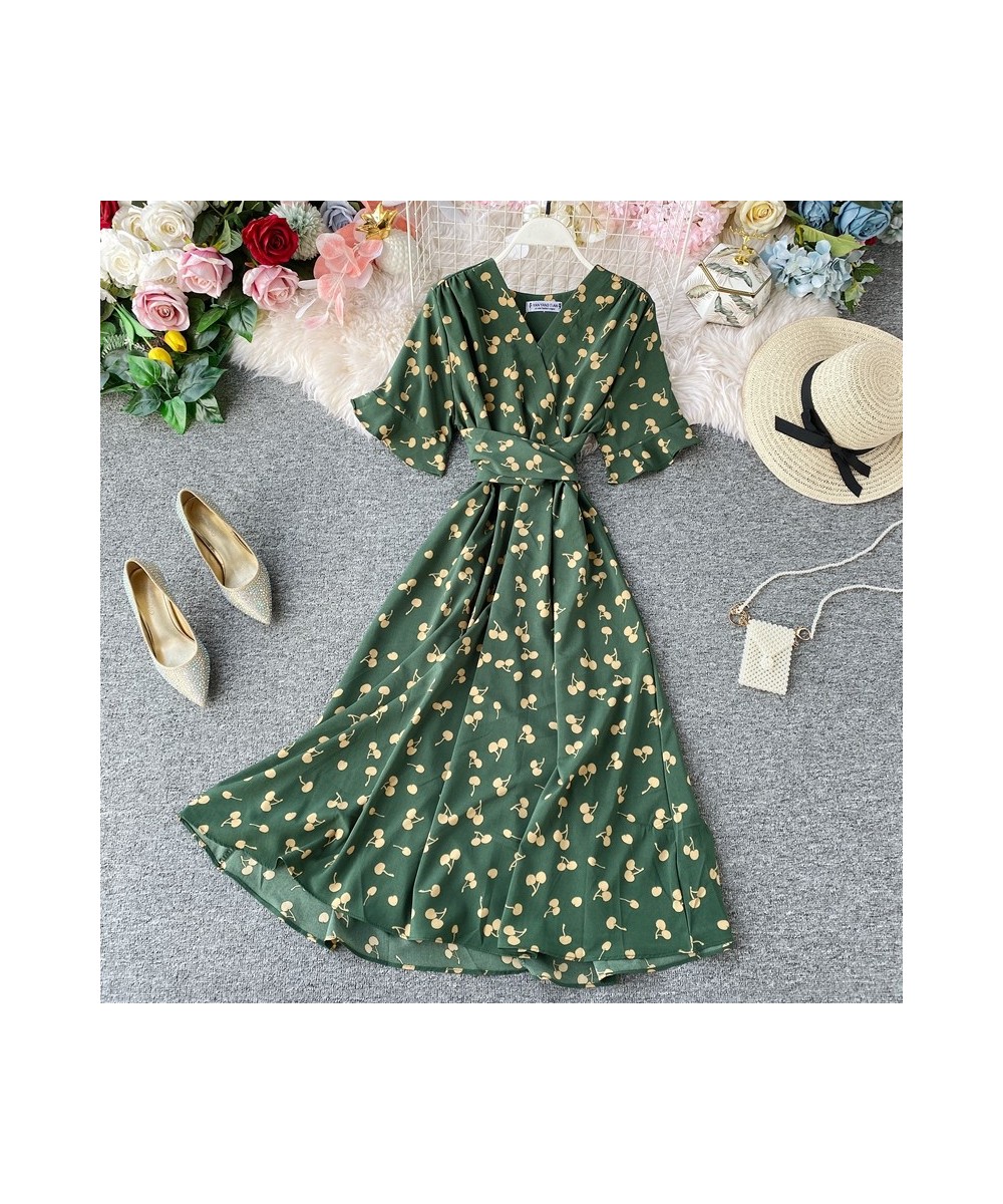 Sexy V-Neck Floral Print Boho Beach Party Dress 2023 Summer Ruffle Short Sleeve Lace Up Belt Midi Dress Wrap Sundress Slim $3...