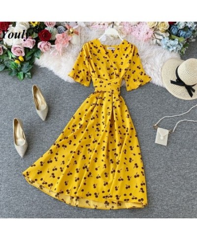 Sexy V-Neck Floral Print Boho Beach Party Dress 2023 Summer Ruffle Short Sleeve Lace Up Belt Midi Dress Wrap Sundress Slim $3...