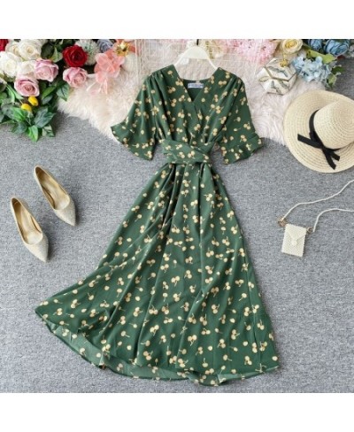 Sexy V-Neck Floral Print Boho Beach Party Dress 2023 Summer Ruffle Short Sleeve Lace Up Belt Midi Dress Wrap Sundress Slim $3...