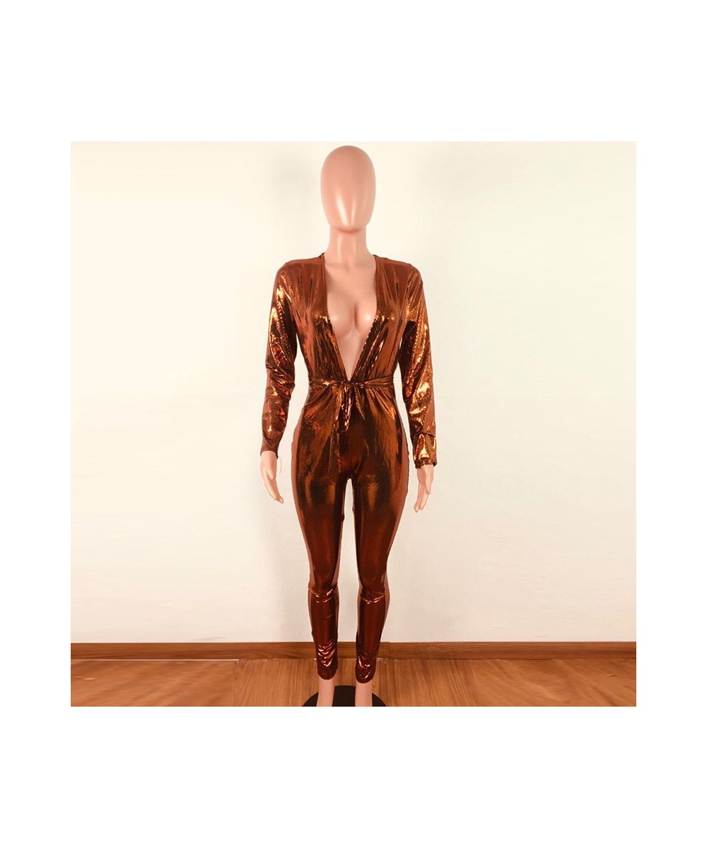 2023 Sexy Women Sequined Jumpsuit Long Sleeve Deep V Neck Jumpsuit Solid Pattern Skinny Sequin Jumpsuit Club Glossy Bodysuits...