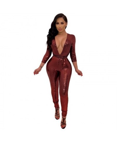 2023 Sexy Women Sequined Jumpsuit Long Sleeve Deep V Neck Jumpsuit Solid Pattern Skinny Sequin Jumpsuit Club Glossy Bodysuits...