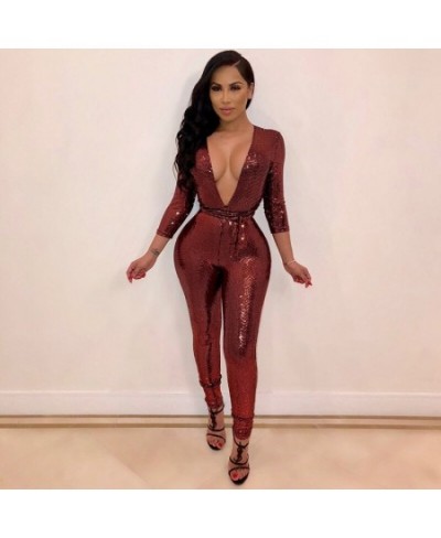 2023 Sexy Women Sequined Jumpsuit Long Sleeve Deep V Neck Jumpsuit Solid Pattern Skinny Sequin Jumpsuit Club Glossy Bodysuits...