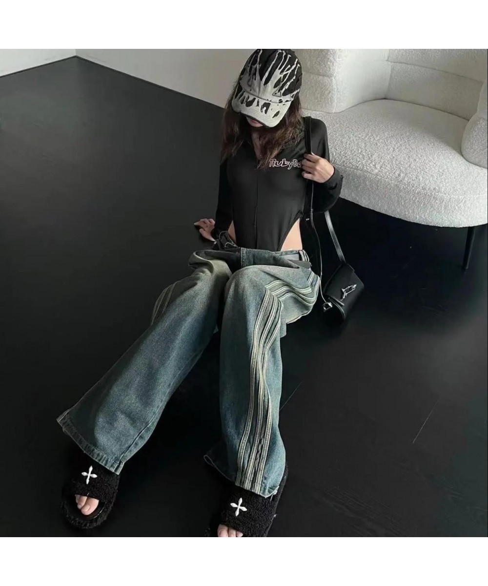 American Stripe Vintage Casual Jeans High Street Loose Street Wash Jeans Oversized Fashion Hot Girl Wide Leg Trousers $53.70 ...