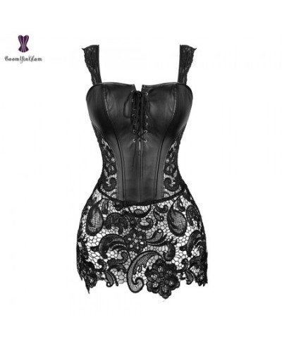 Black Red Women's Gothic Lace Up Front Punk Faux Leather Bustier Corset Dress Plus Size Lingerie Sets With G String 903 $31.8...