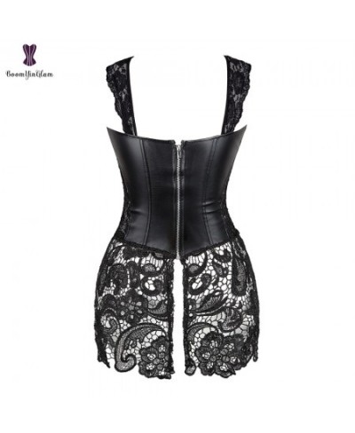 Black Red Women's Gothic Lace Up Front Punk Faux Leather Bustier Corset Dress Plus Size Lingerie Sets With G String 903 $31.8...