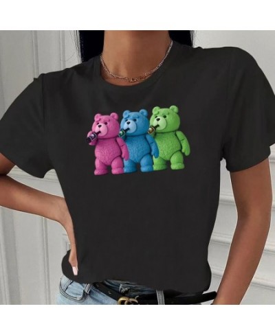 Women T-Shirt Tops Fashion Bear Print Harajuku Round Neck Casual Loose Short Sleeve Summer Clothing Hip Hop Streetwear Pullov...