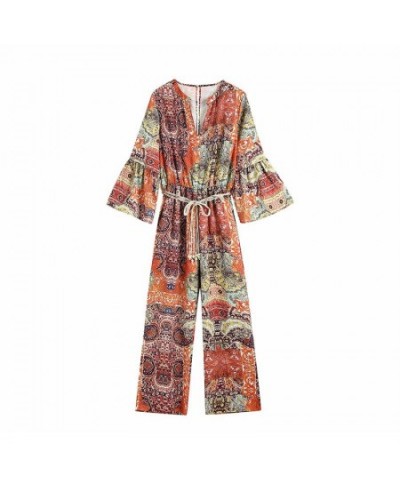 Vintage Chic Floral Print Bow Tie Sashes Jumpsuits Women 2023 V Neck Elastic Waist Ladies Rompers Casual Body $41.40 - Jumpsuits