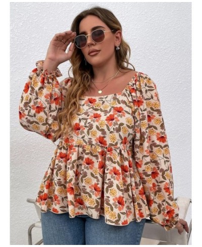 Plus Size Floral Print Square Neck Summer Spring Elegant Peplum Blouse Women Lantern Sleeve Casual Blouse Female Large Size 6...