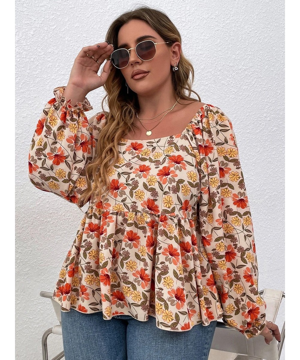 Plus Size Floral Print Square Neck Summer Spring Elegant Peplum Blouse Women Lantern Sleeve Casual Blouse Female Large Size 6...