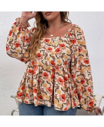 Plus Size Floral Print Square Neck Summer Spring Elegant Peplum Blouse Women Lantern Sleeve Casual Blouse Female Large Size 6...