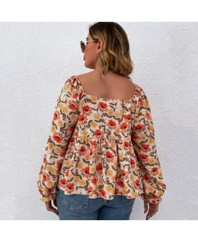 Plus Size Floral Print Square Neck Summer Spring Elegant Peplum Blouse Women Lantern Sleeve Casual Blouse Female Large Size 6...