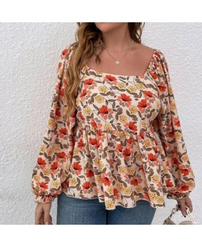 Plus Size Floral Print Square Neck Summer Spring Elegant Peplum Blouse Women Lantern Sleeve Casual Blouse Female Large Size 6...